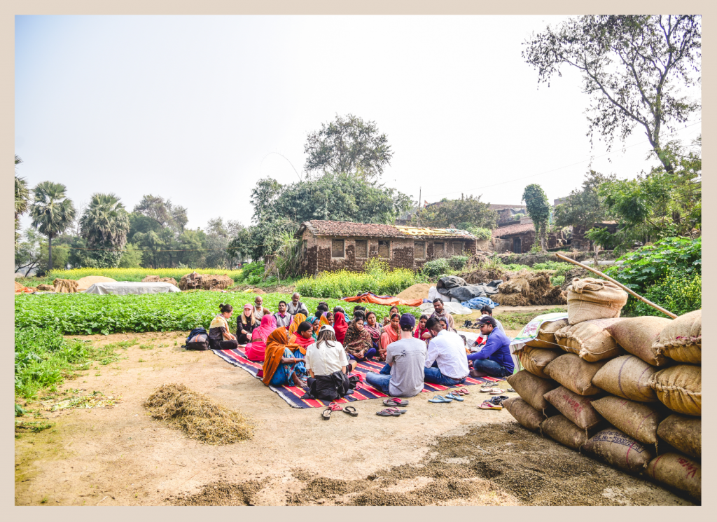This image depicts a group of people who are sitting together on a brightly colored cloth on the ground on the outskirts of a rural village in Bihar, India. The group of people includes members of the village and a group of MIT students. To one side of the group, there are green fields with some type of crop growing and palm trees- to the other side, there are burlap sacks filled with some type of crop (lentils). Behind the group are visible some of the houses in the village.   